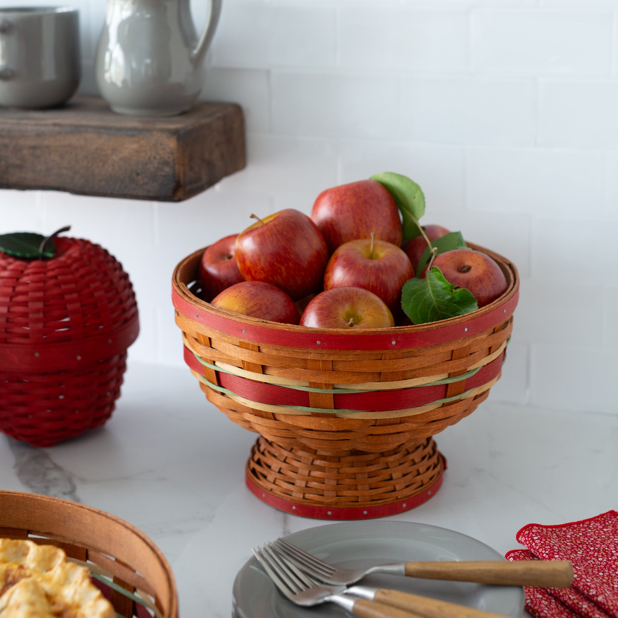Apple Picking Medium Footed Fruit Bowl Basket with Protector - Red - Image 4